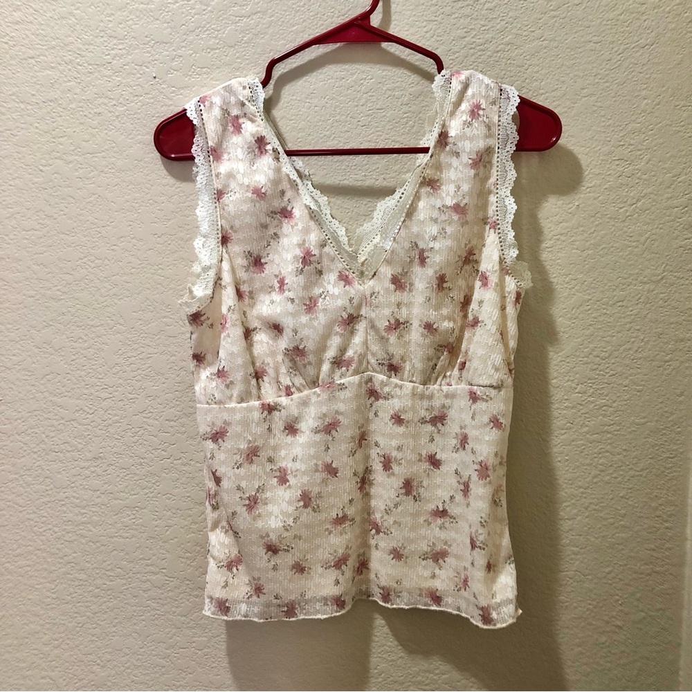 Lace-Trim Floral Sleep Chemise Tank - Cream and Pink